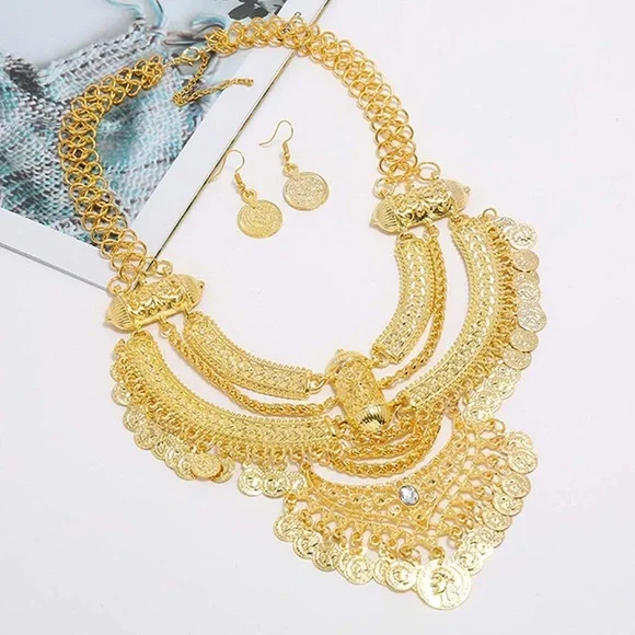 [GOLD] Exotic NEW Statement Bib Cleopatra Coin Necklace+Earring Set - Picture 4 of 8
